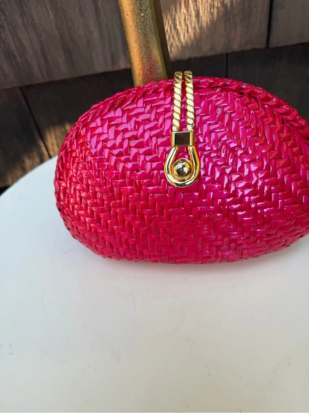 Vintage Vanessa neon pink fuchsia straw bag or clutch with chain strap